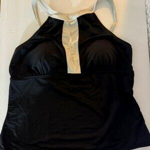 Liz Claiborne Black with White Trim Tankini Top Padded Bra, Adj. Straps  Size L